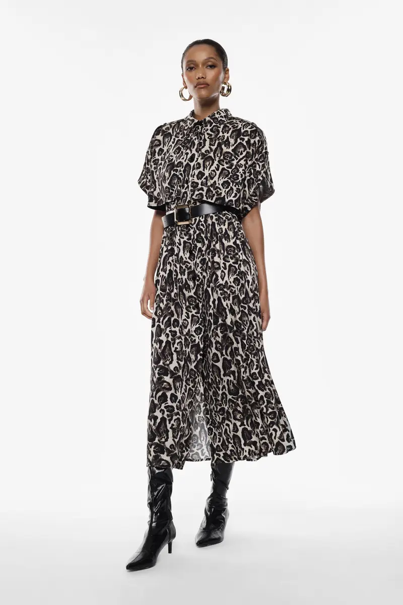 Abito lungo stampa animalier con cintura Beige miniatura 3