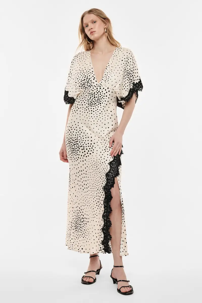 Abito lungo stampa pois con inserti in pizzo Panna miniatura 2