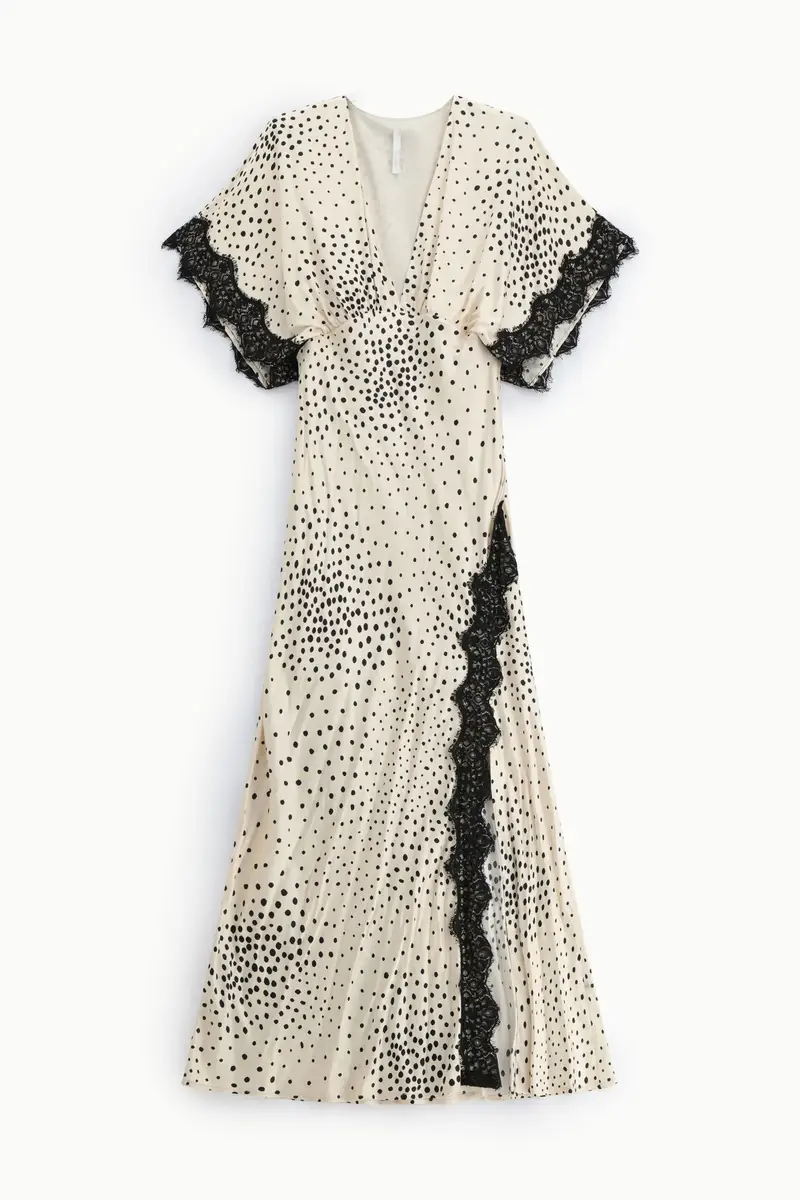 Abito lungo stampa pois con inserti in pizzo Panna