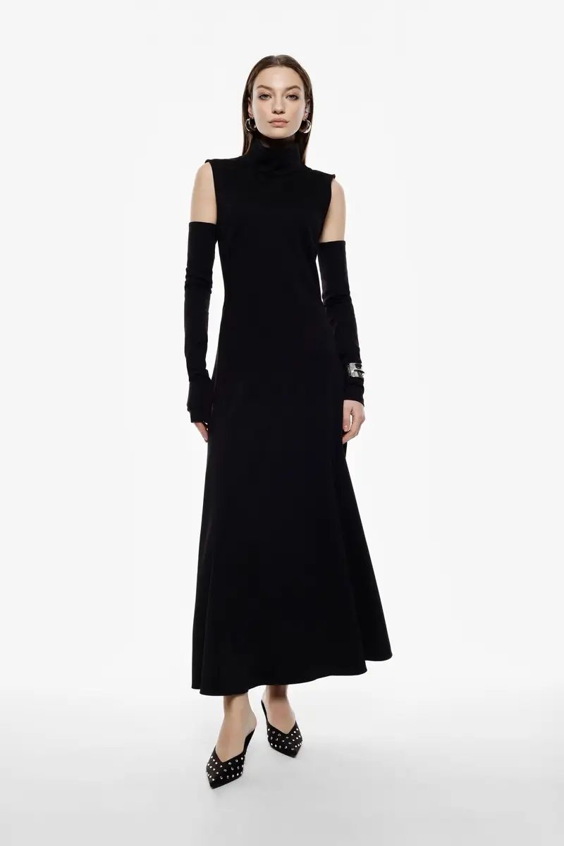 Abito lungo svasato senza maniche turtleneck Nero miniatura 2