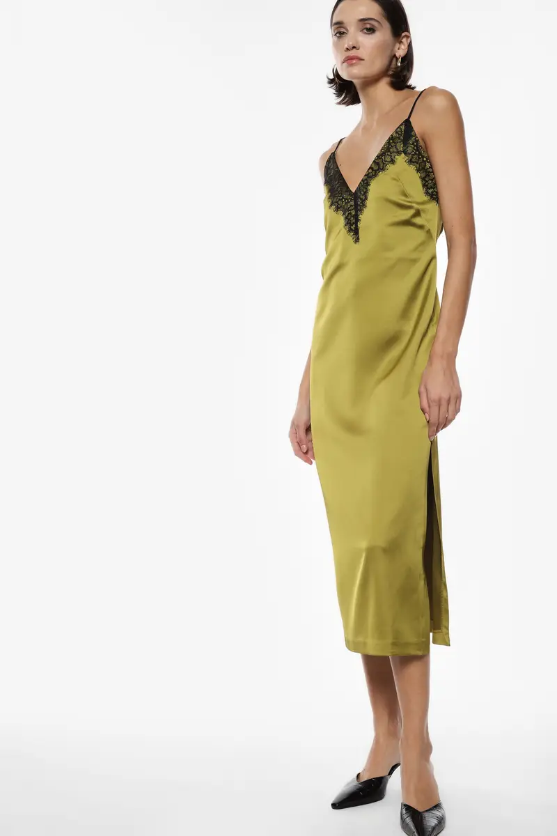 Abito midi con dettagli in pizzo Olio miniatura 2