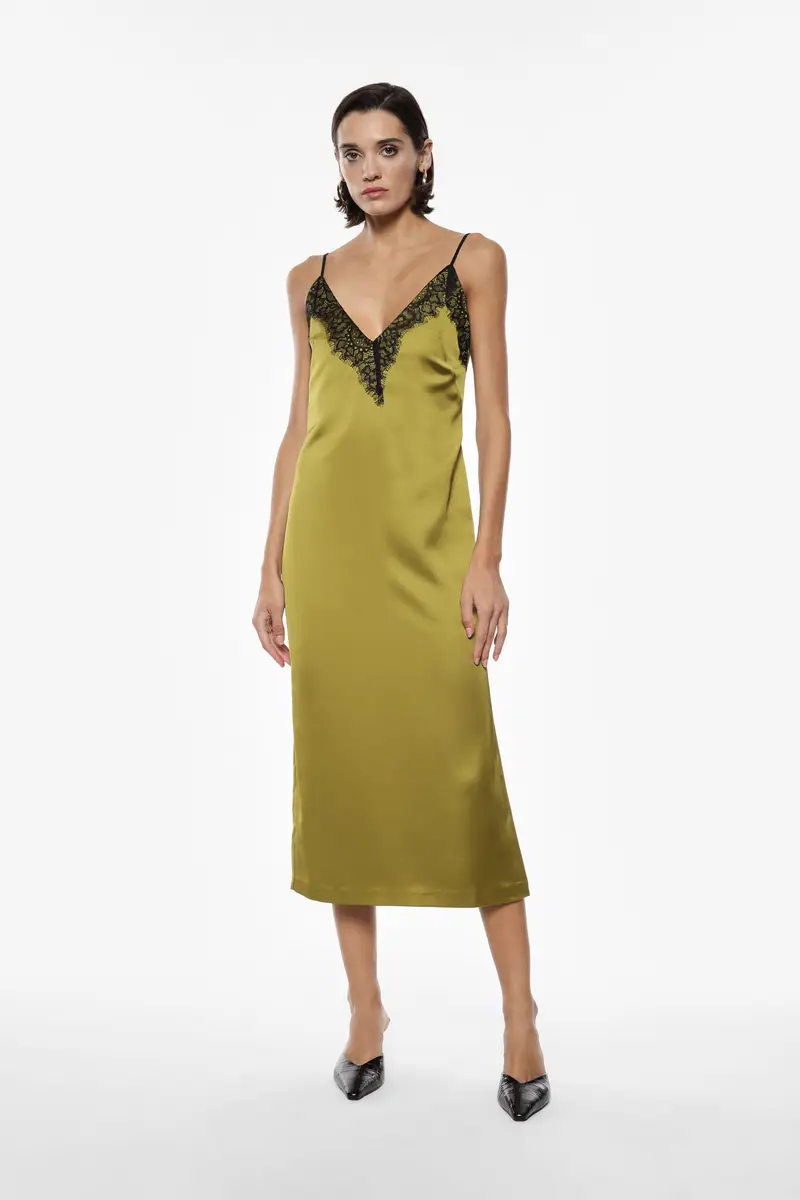 Abito midi con dettagli in pizzo Olio miniatura 3