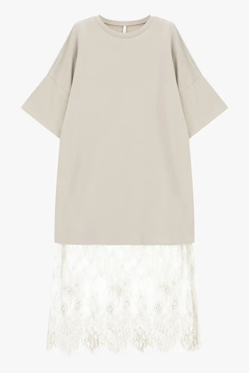 Abito midi con maniche corte e inserto pizzo Beige