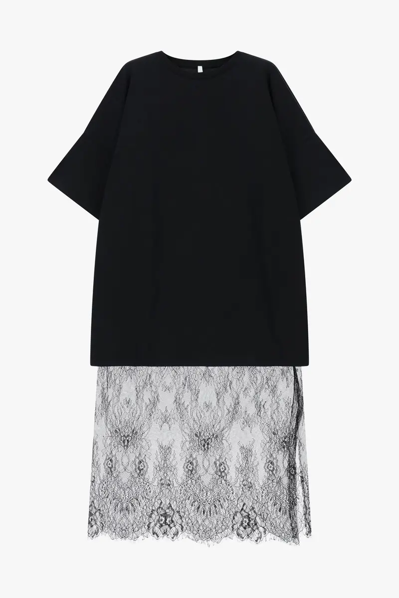 Abito midi con maniche corte e inserto pizzo Nero