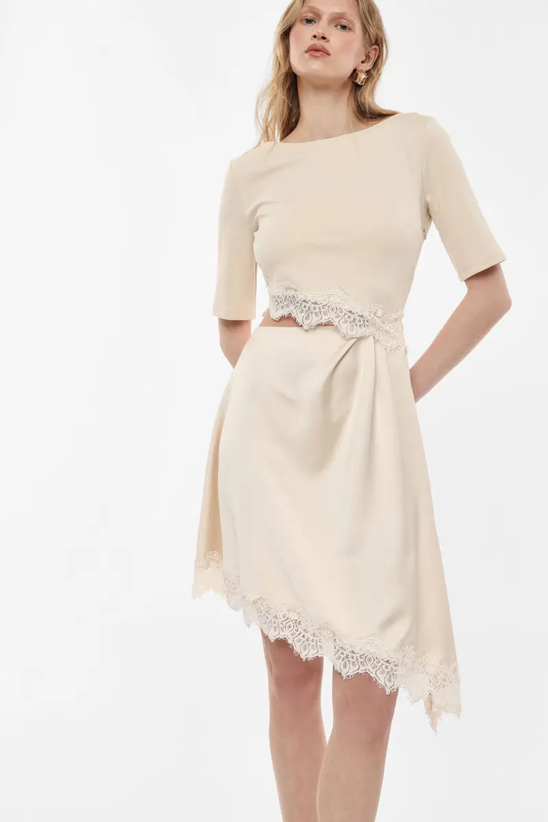 Abito midi con maniche e bordo in pizzo Gesso miniatura 2