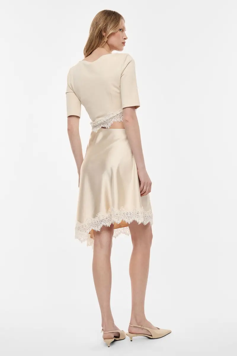 Abito midi con maniche e bordo in pizzo Gesso miniatura 3