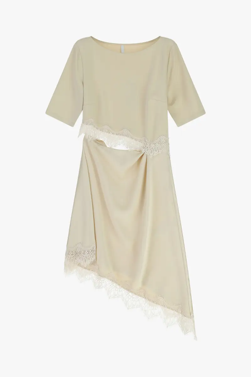 Abito midi con maniche e bordo in pizzo Gesso