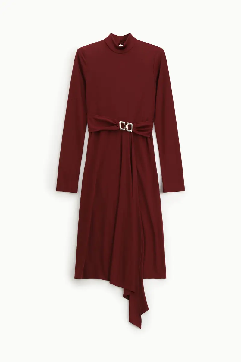 Abito midi con maniche lunghe e cintura con fibbie Vino