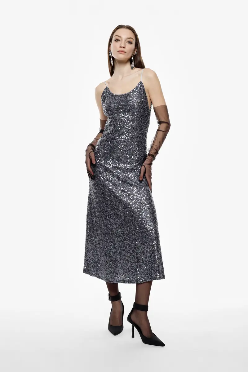 Abito midi con paillettes scollo tondo e spalline Grigio miniatura 2