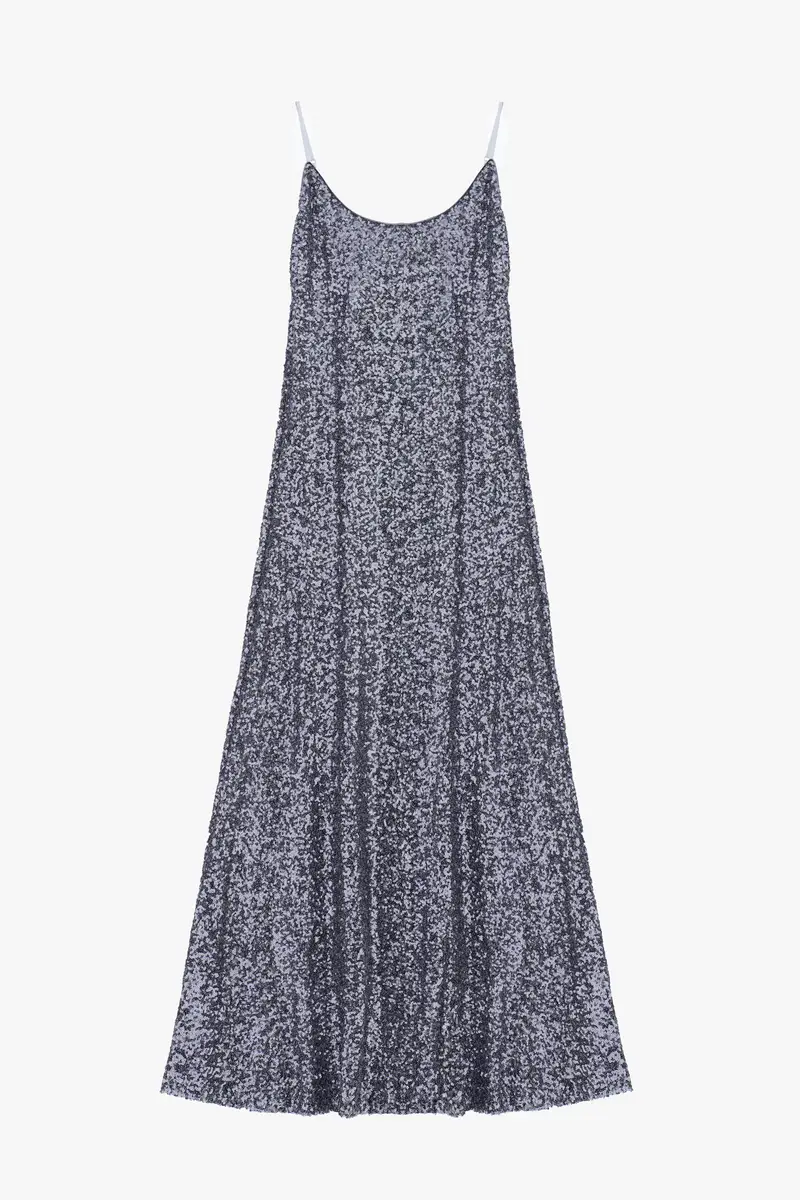 Abito midi con paillettes scollo tondo e spalline Grigio