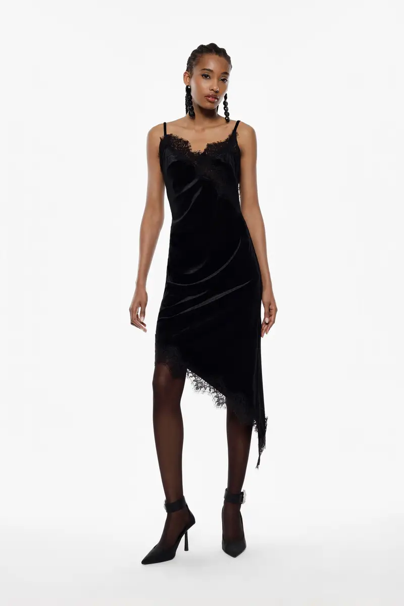 Abito midi con spalline e pizzo asimmetrico Nero miniatura 2