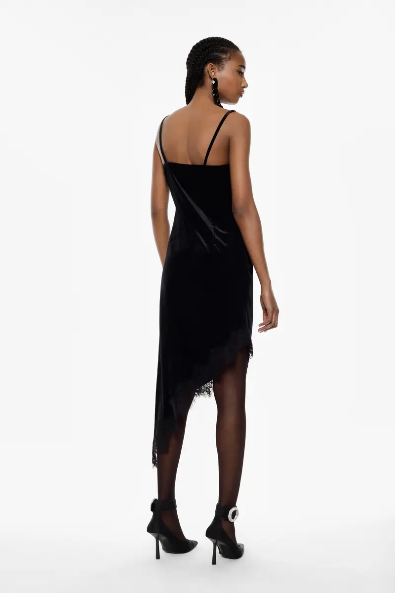 Abito midi con spalline e pizzo asimmetrico Nero miniatura 3