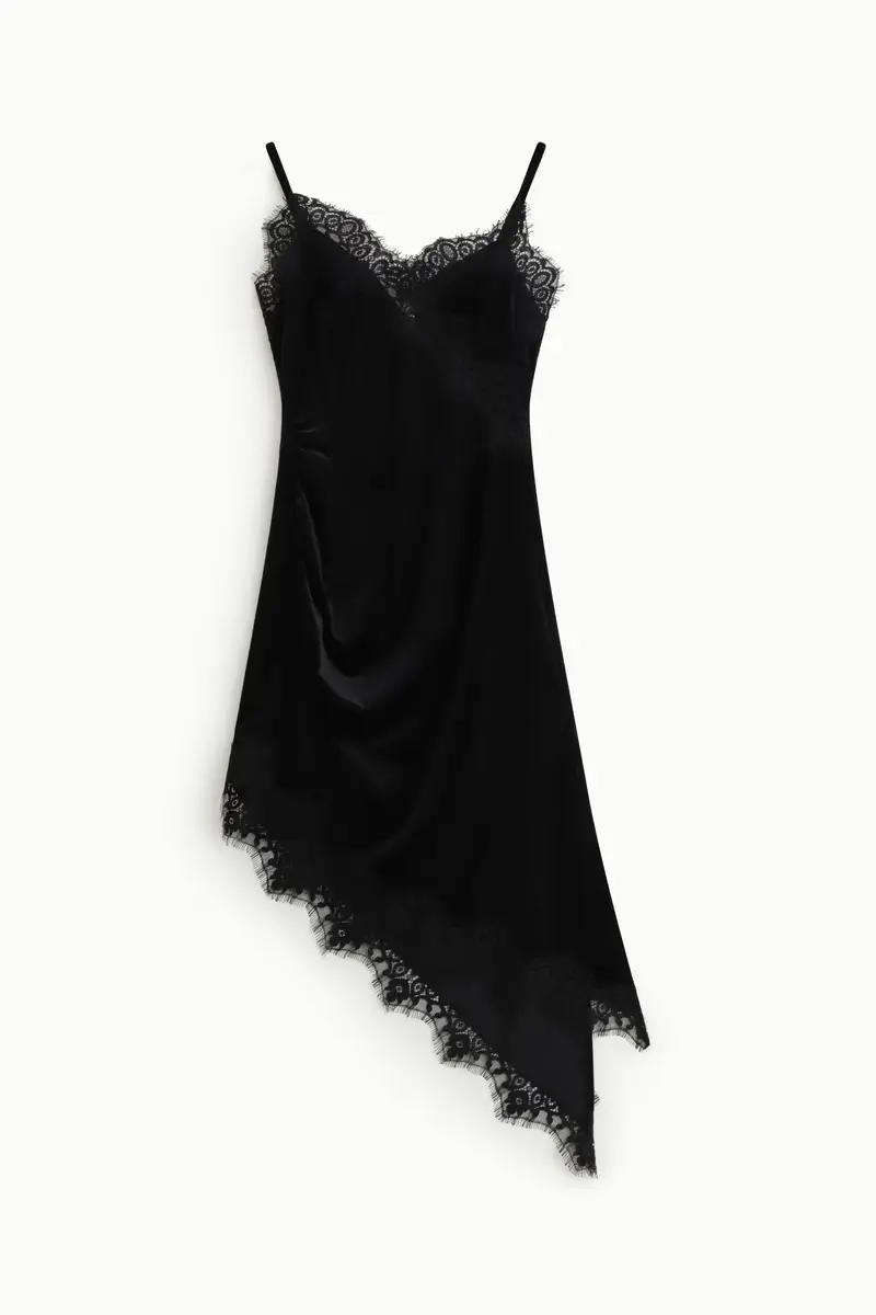 Abito midi con spalline e pizzo asimmetrico Nero