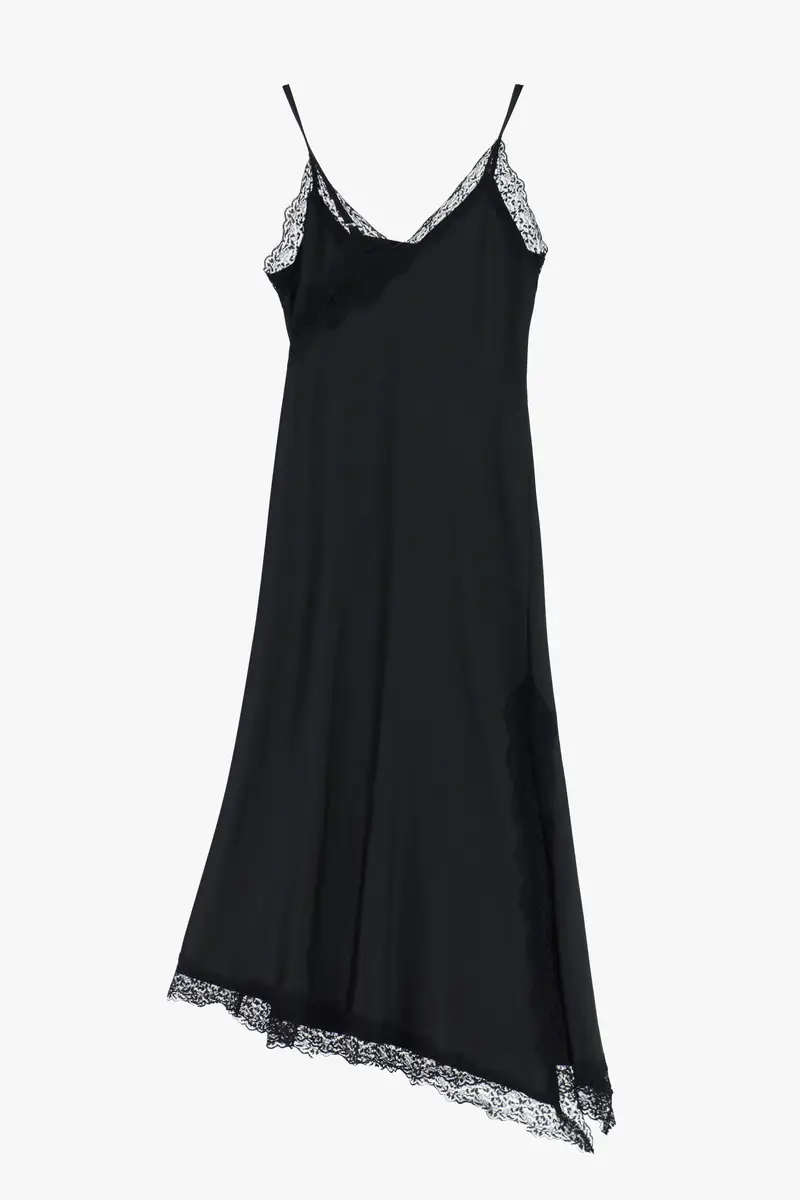 Abito midi con spalline e profili in pizzo Nero