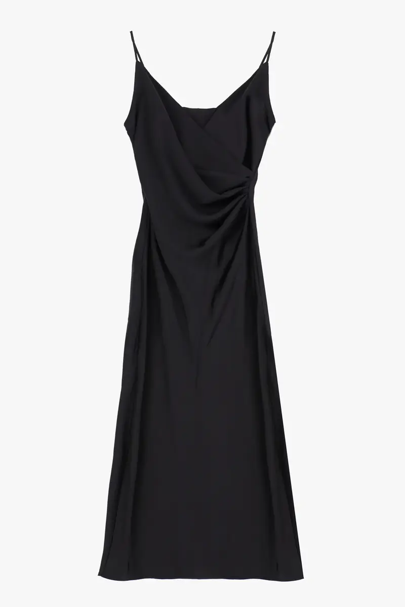 Abito midi con spalline sottili e drappeggio Nero
