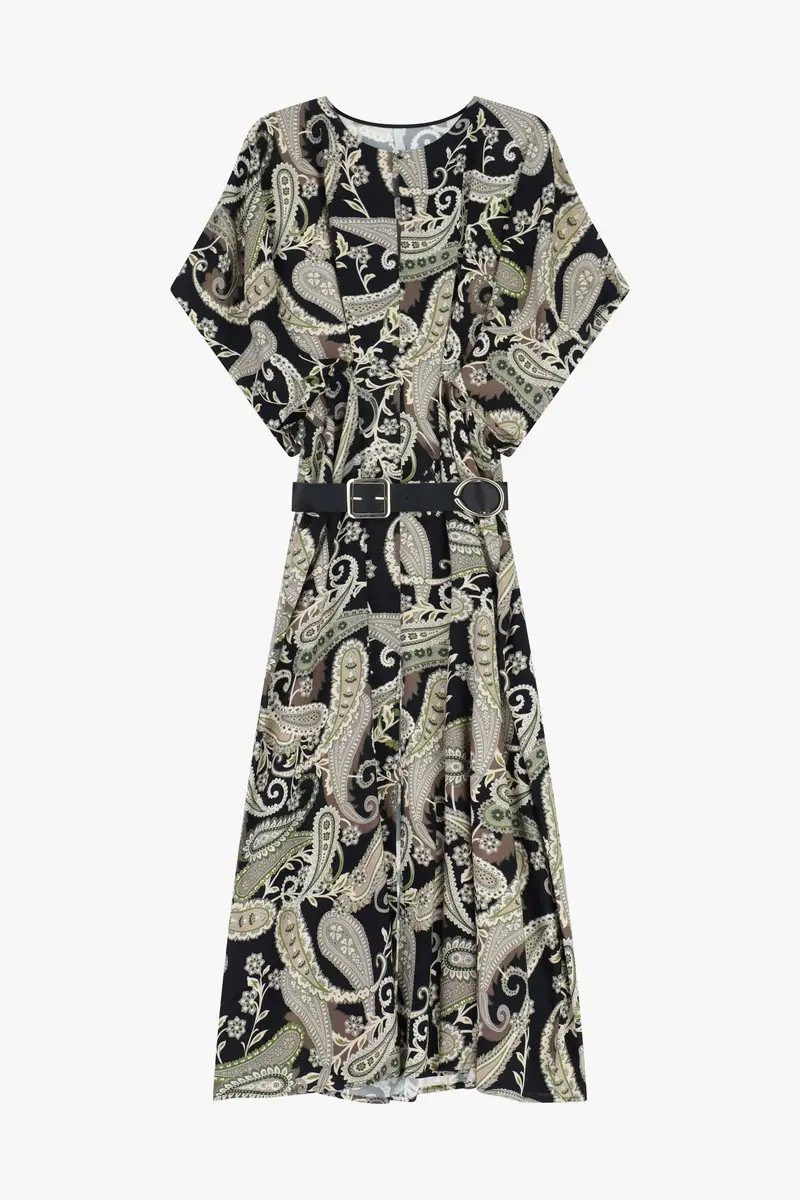 Abito midi fantasia paisley cintura con fibbia Nero