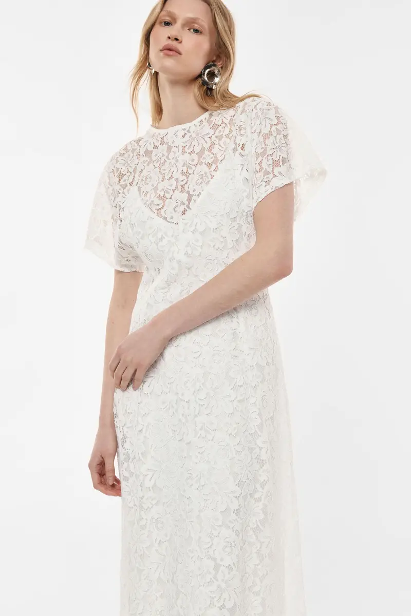 Abito midi in pizzo con maniche corte Latte miniatura 2