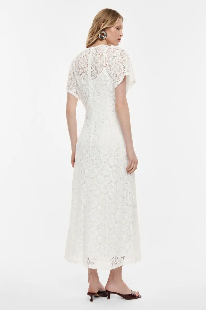 Abito midi in pizzo con maniche corte Latte miniatura 3