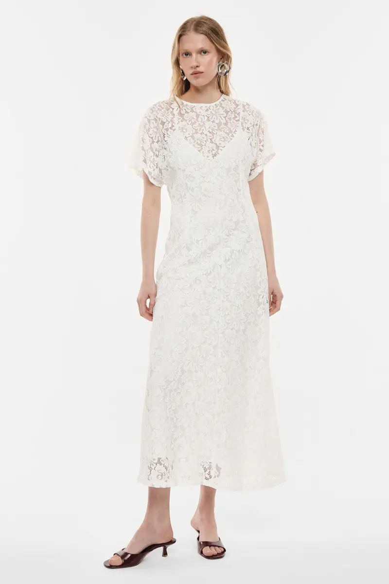 Abito midi in pizzo con maniche corte Latte miniatura 4