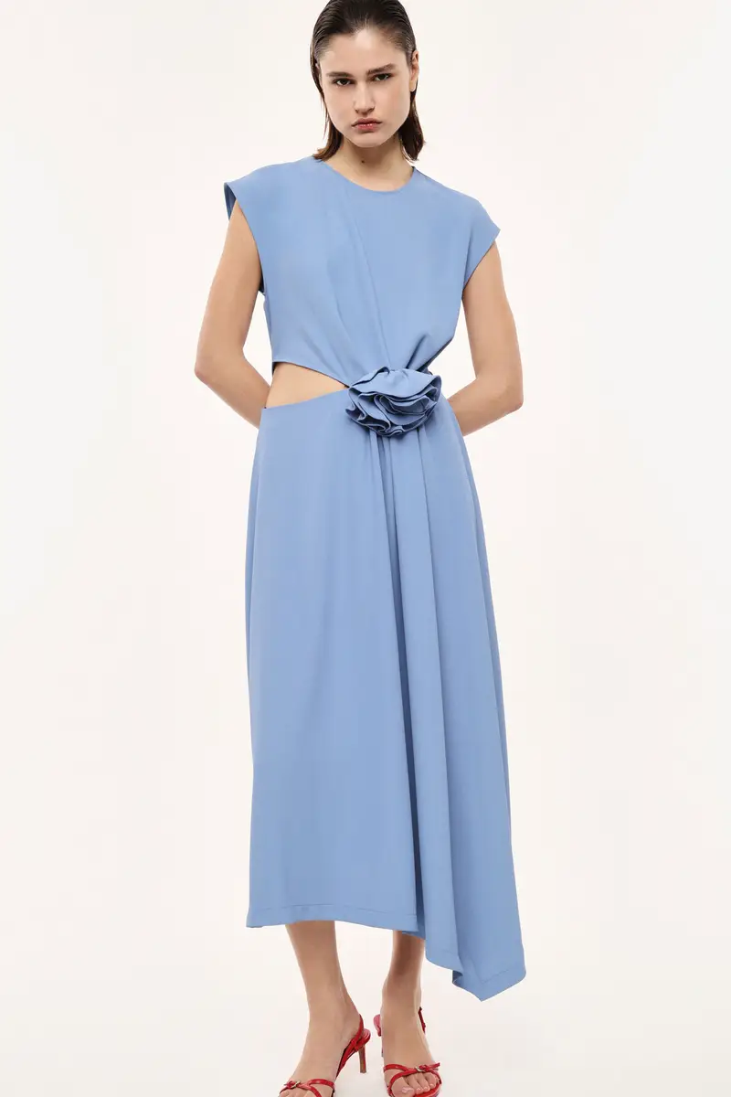 Abito midi senza maniche con cut-out e fiore Ceruleo miniatura 2