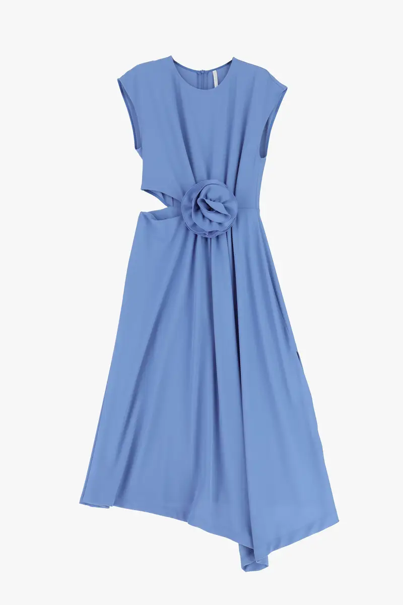 Abito midi senza maniche con cut-out e fiore Ceruleo