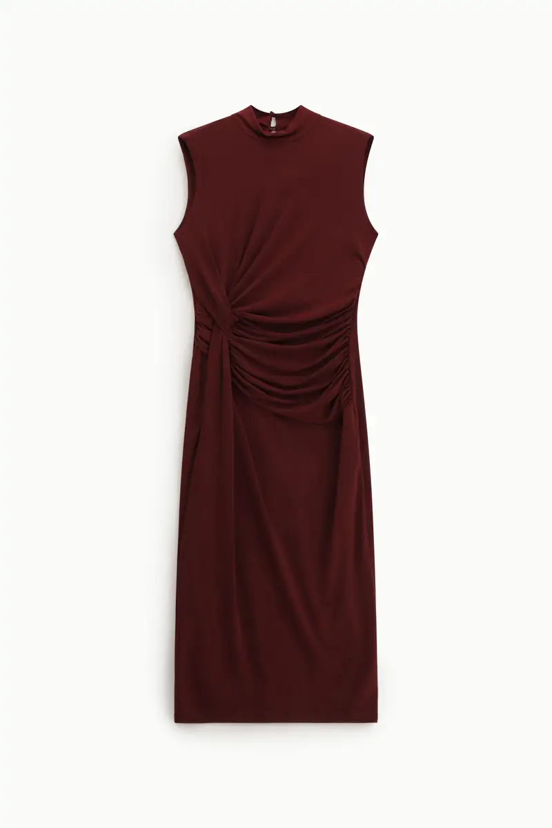 Abito midi senza maniche con drappeggio laterale Vino