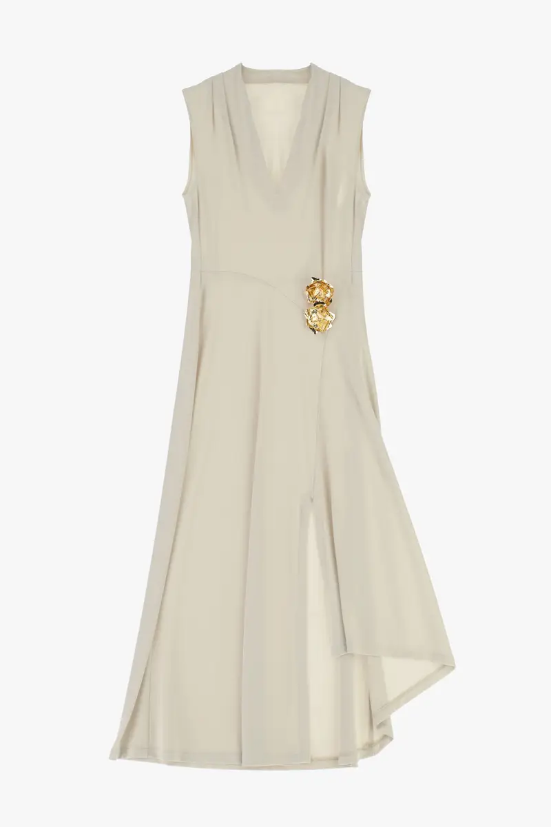 Abito midi senza maniche scollo a v applicazioni Burro