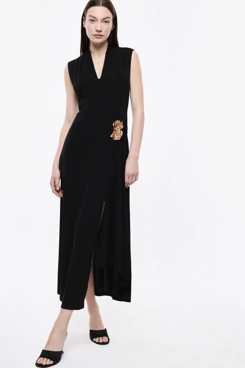 Abito midi senza maniche scollo a v applicazioni Nero miniatura 2