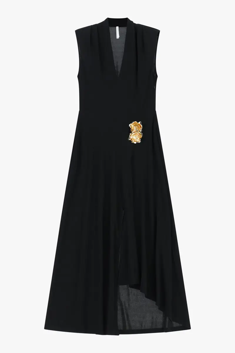 Abito midi senza maniche scollo a v applicazioni Nero