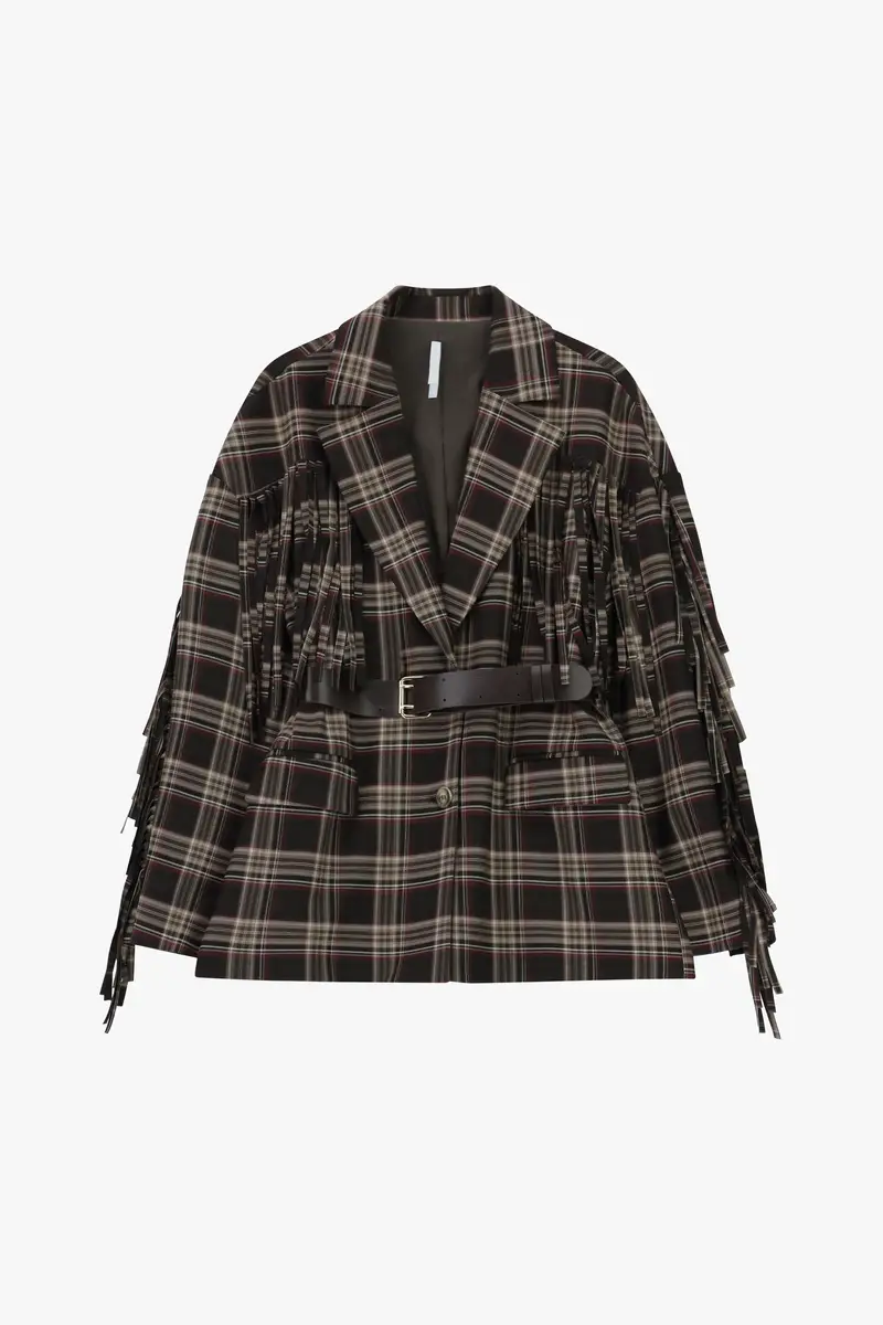 Blazer a motivo check con frange e cintura Moro