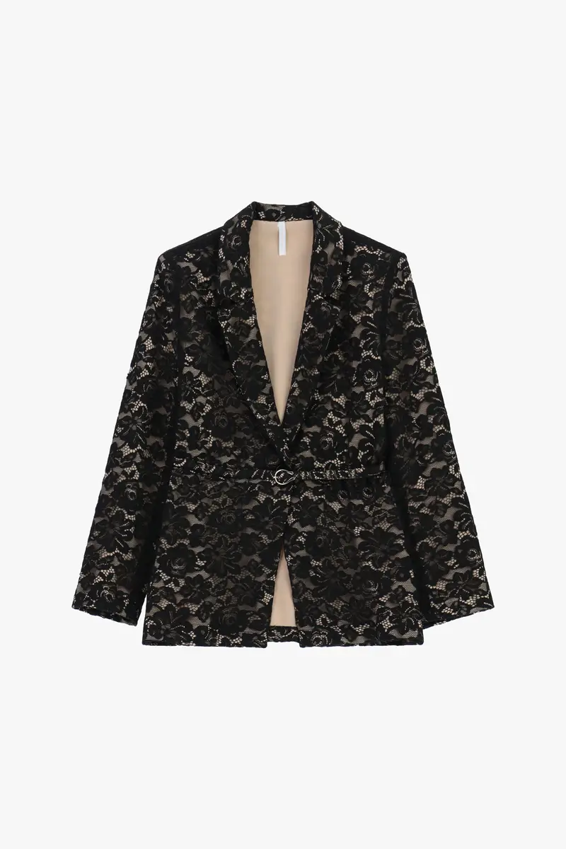 Blazer con motivo floreale e cintura Nero