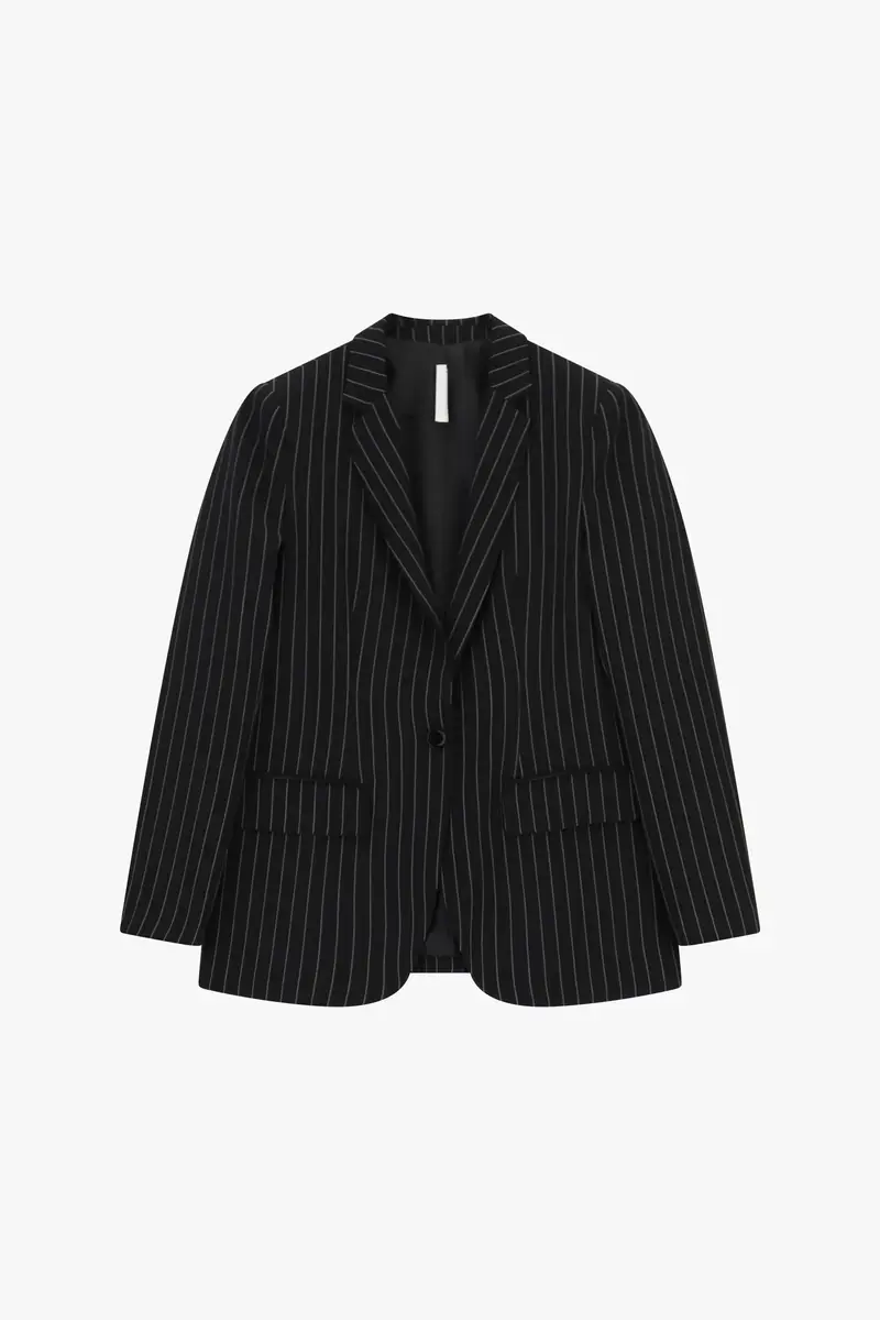 Blazer monopetto a righe con tasche a patta Nero