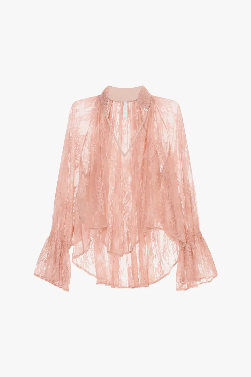 Blusa ampia in pizzo floreale con maniche svasate Cipria