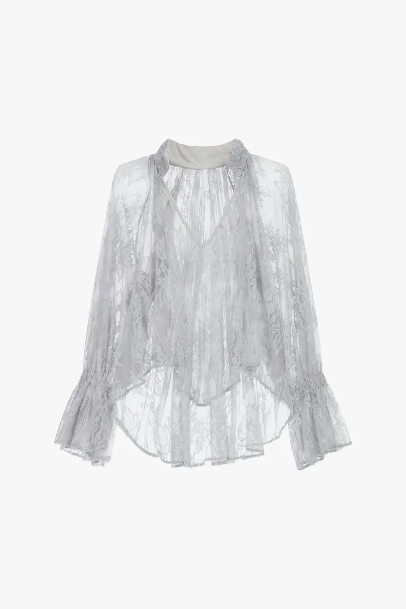 Blusa ampia in pizzo floreale con maniche svasate Perla
