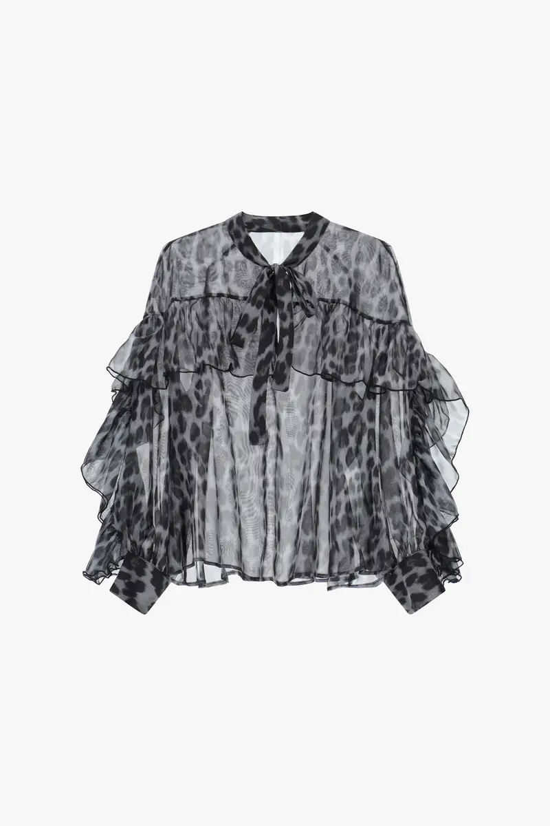 Blusa ampia stampa animalier con volant Grigio