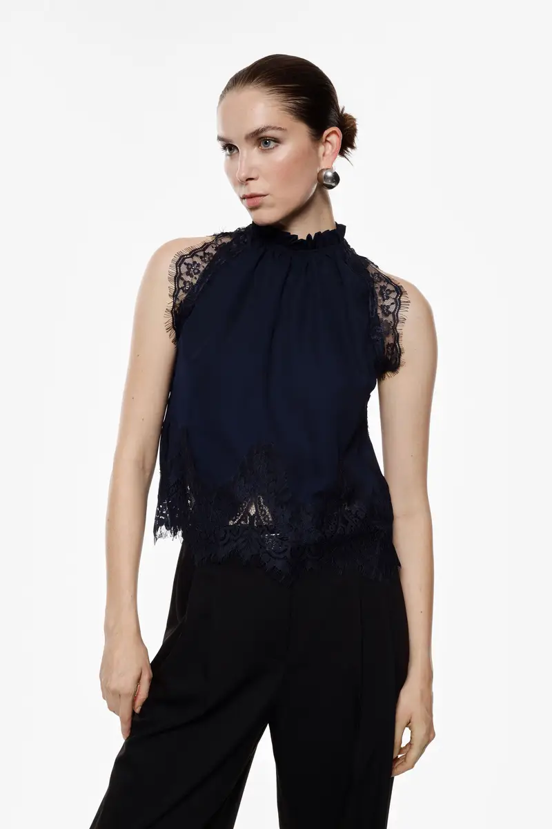 Blusa senza maniche con pizzo e collo halter Blu scuro miniatura 2