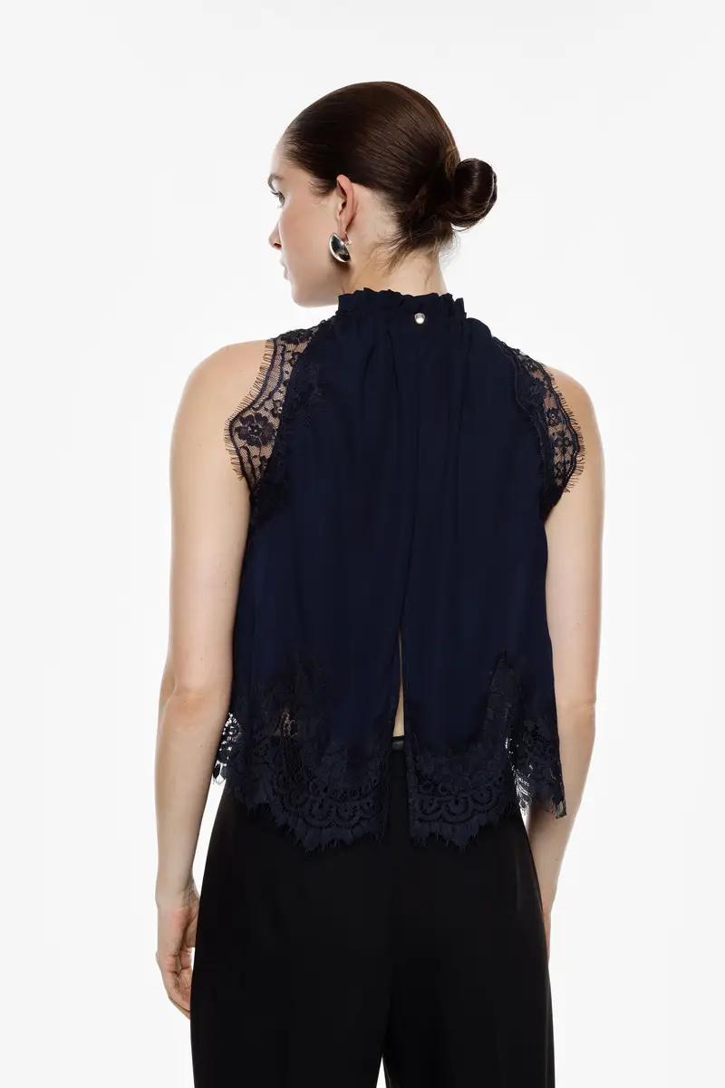 Blusa senza maniche con pizzo e collo halter Blu scuro miniatura 3