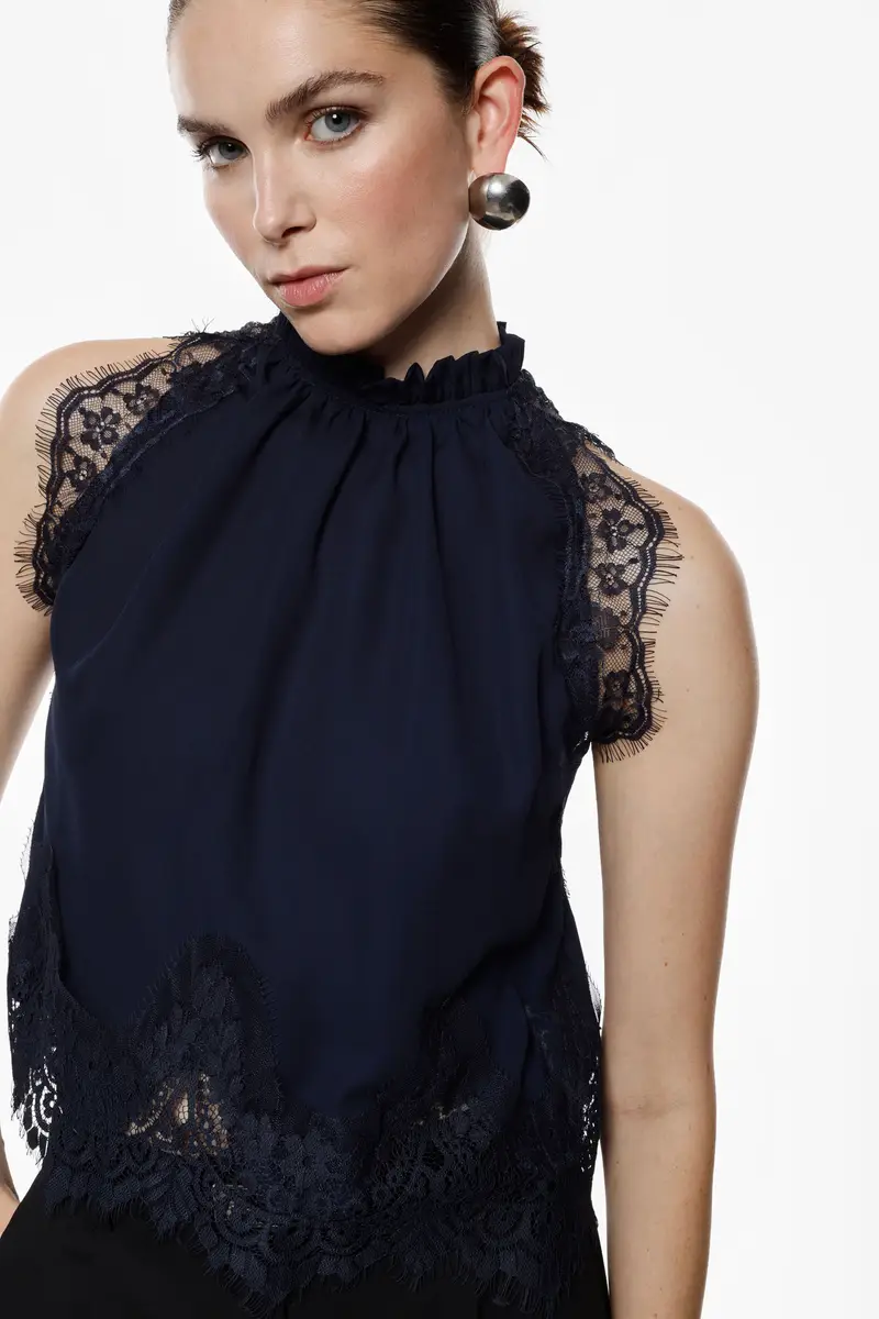 Blusa senza maniche con pizzo e collo halter Blu scuro miniatura 4