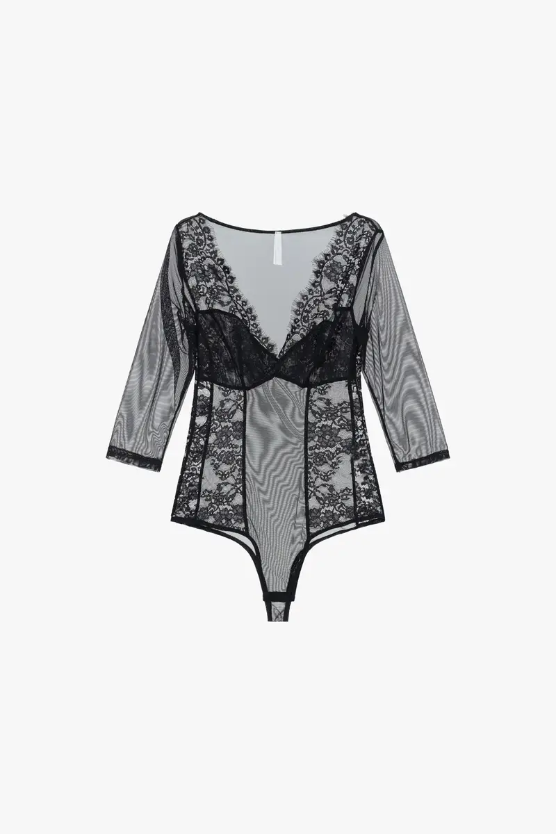 Body con maniche tre quarti e inserti in pizzo Nero