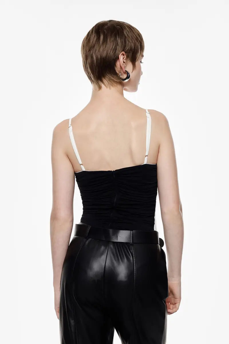 Body con spalline sottili e motivo bicolore Nero miniatura 3