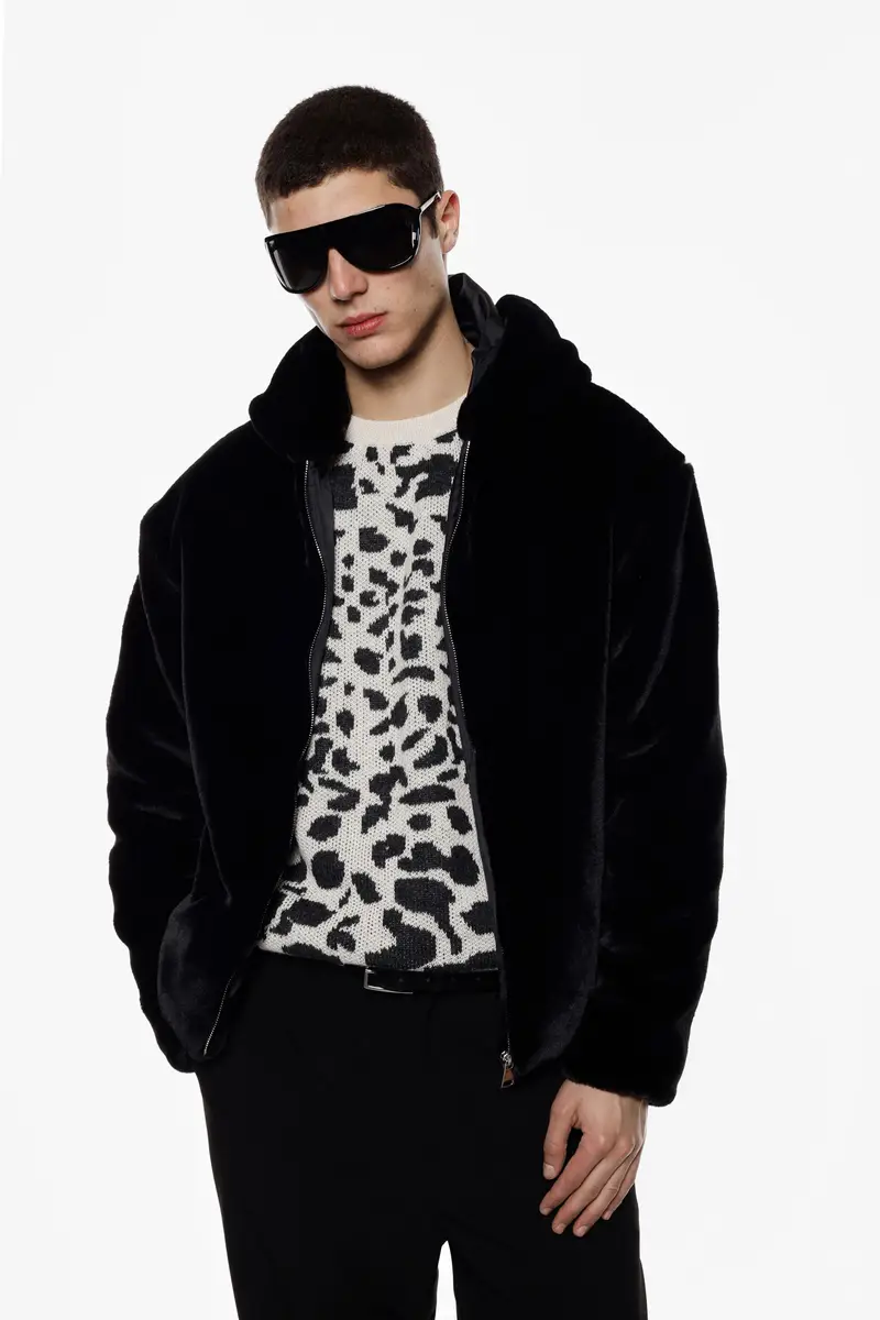 Bomber con cappuccio e chiusura zip Nero miniatura 2