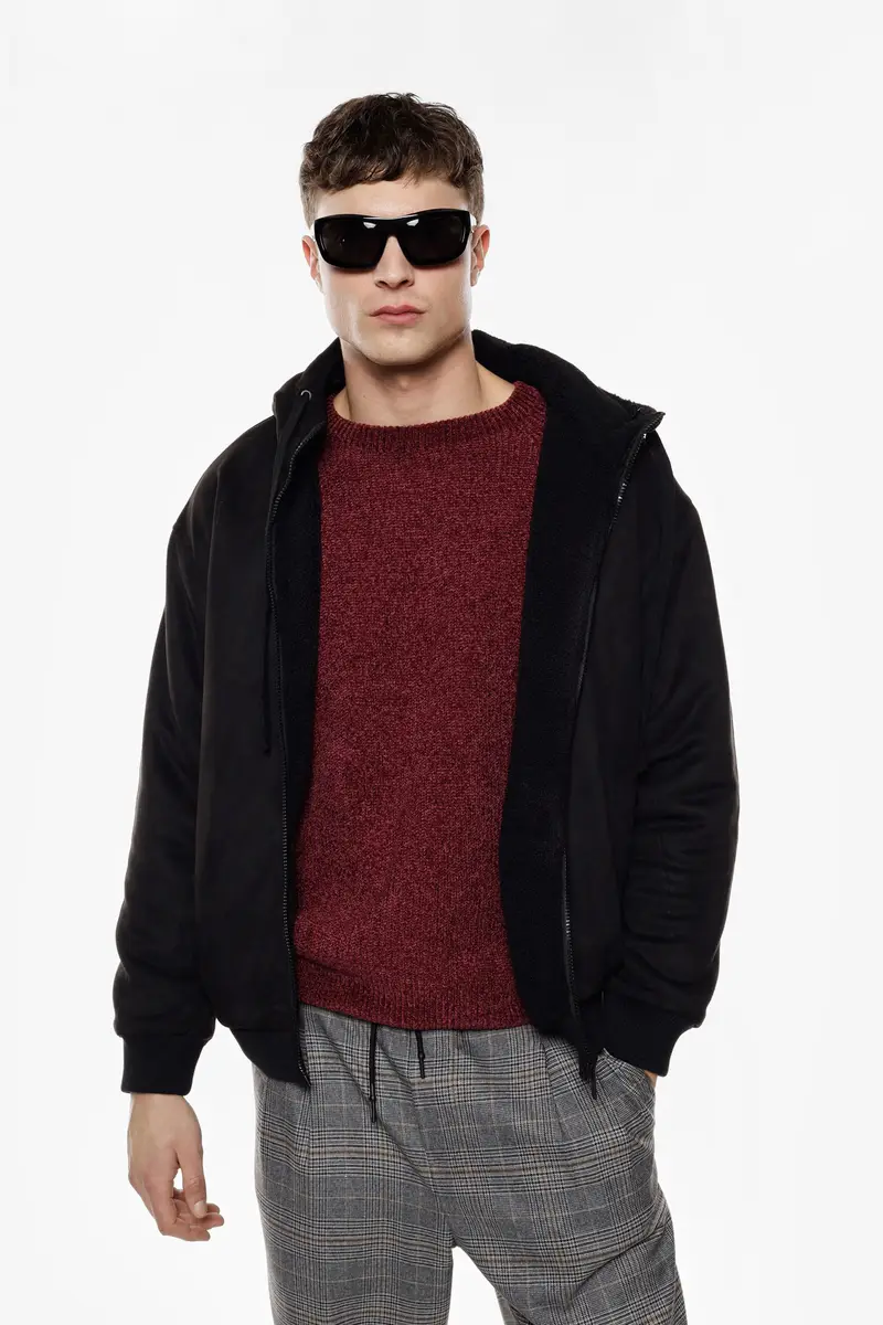 Bomber con cappuccio e chiusura zip Nero miniatura 2