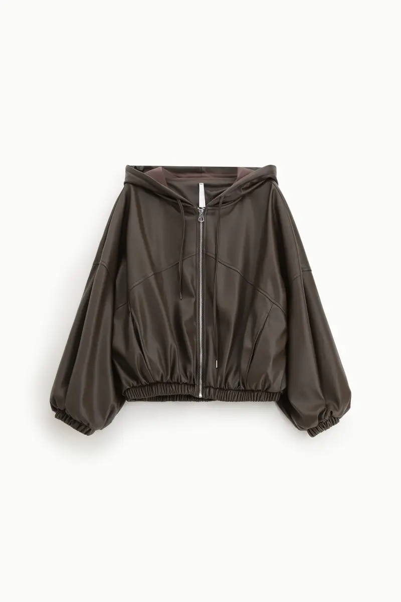 Bomber con cappuccio oversize in similpelle Moro