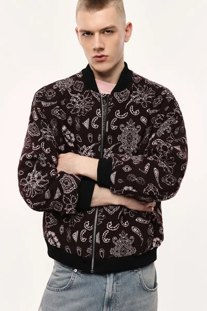 Bomber con stampa paisley e zip frontale Bordeaux miniatura 3