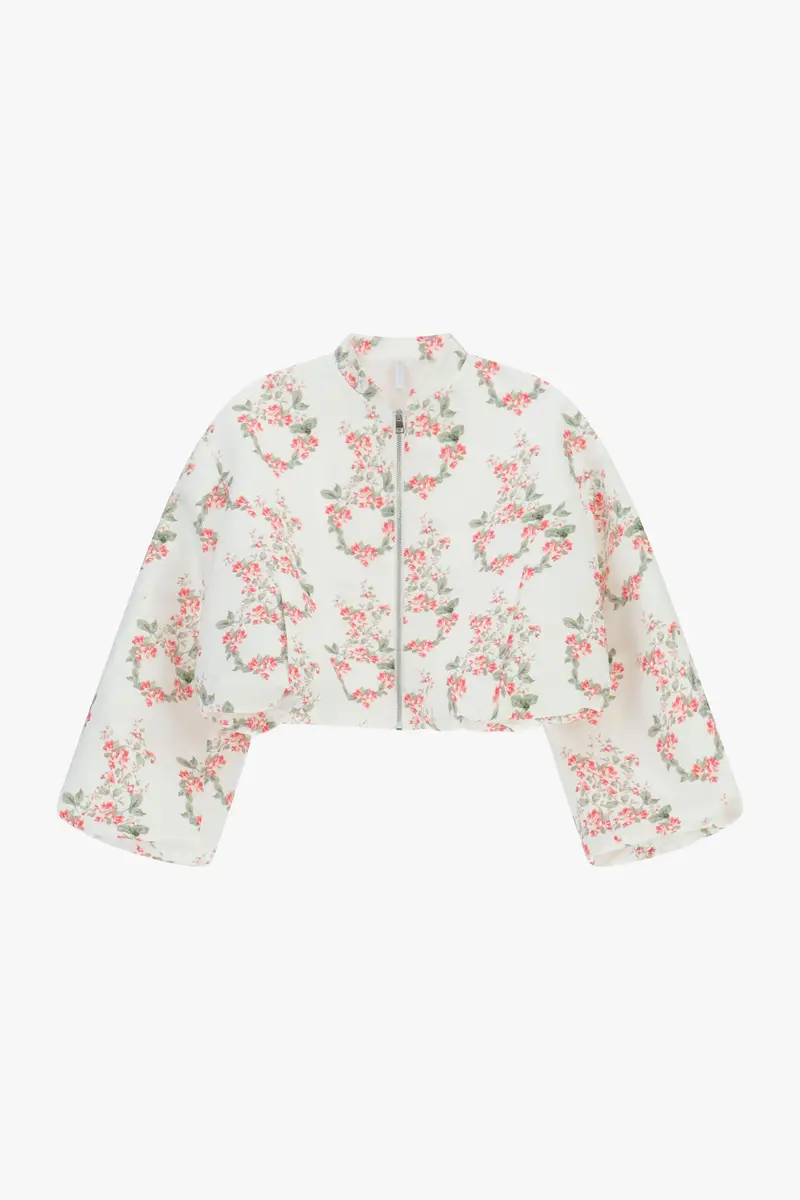 Bomber corta con stampa floreale e zip frontale Latte