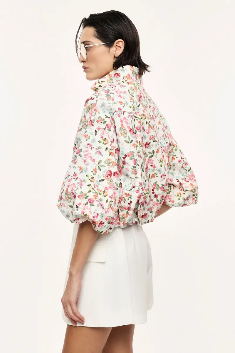 Bomber corta con stampa floreale e zip frontale Panna miniatura 3