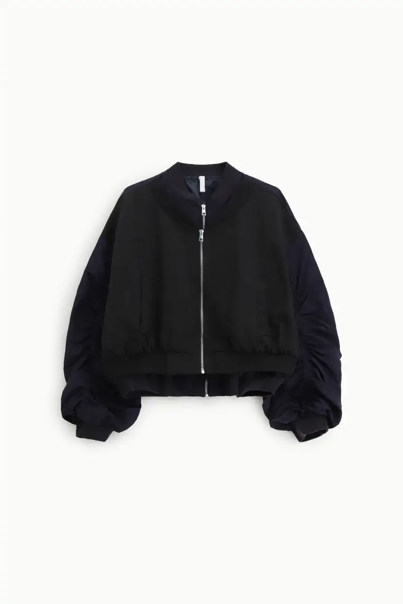 Bomber corto con maniche arricciate e zip frontale Blu