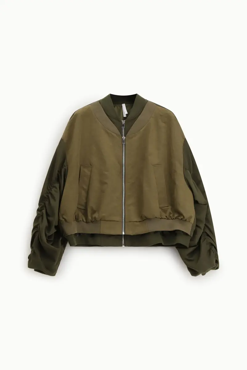 Bomber corto con maniche arricciate e zip frontale Militare
