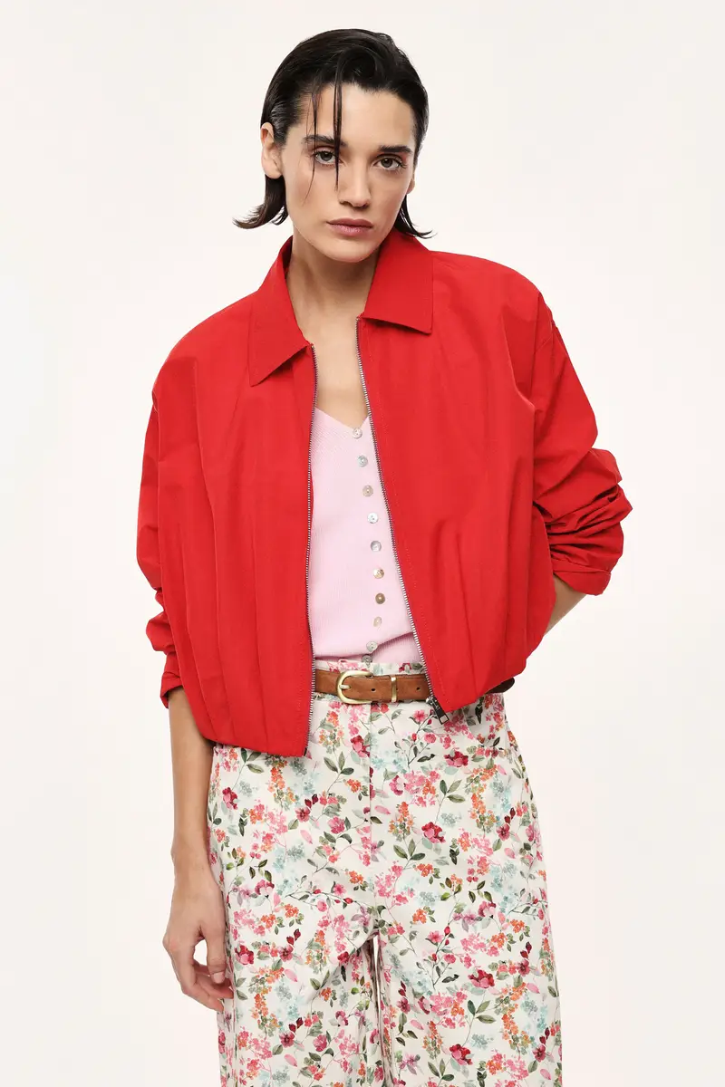 Bomber corto con zip e fondo arricciato Rosso miniatura 2