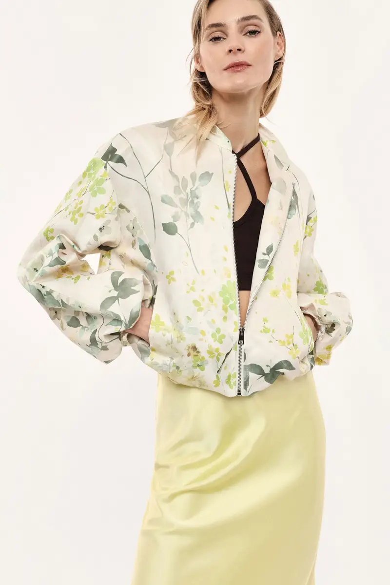 Bomber crop con stampa floreale e maniche voluminose Panna miniatura 2